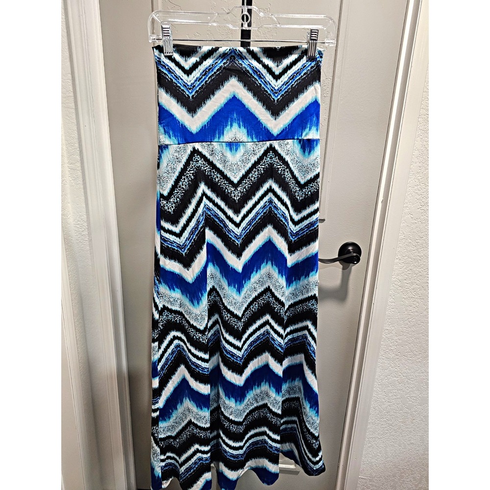 Magic Fit Women M Blue Black White Chevron Zig Zag Maxi Skirt Boho Stretch